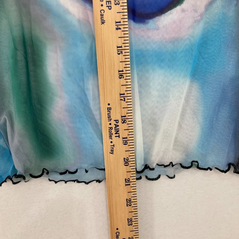 Women's size Small Blue Multi Abstract Artsy Mesh Sheer Lettuce Hem Stretch - Picture 7 of 10